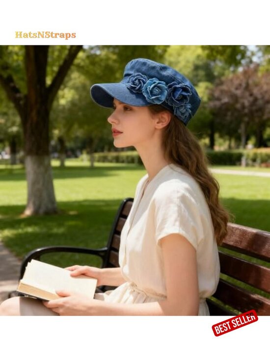Womens Newsboy Cap Denim Hat French Fashion Floral Cabbie Baker Boy Beret
